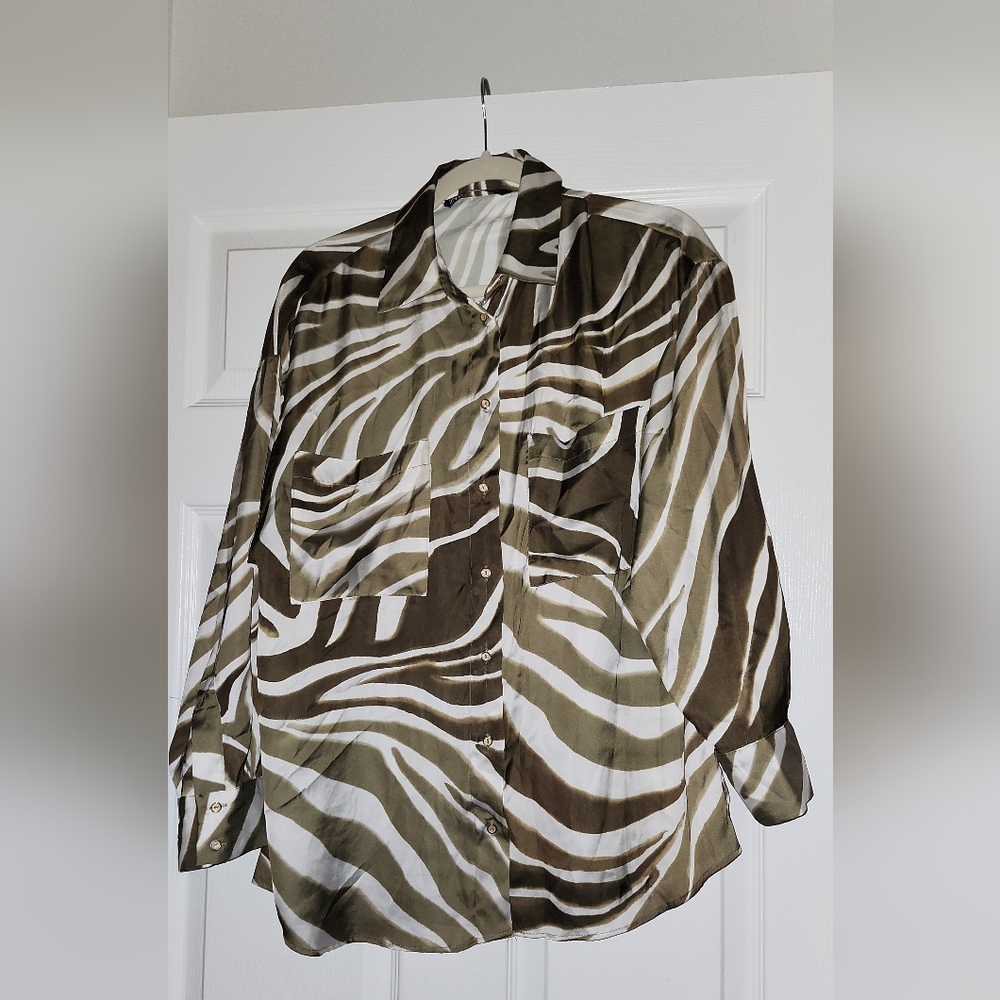 Satin Zebra Long-Sleeve Button-Down